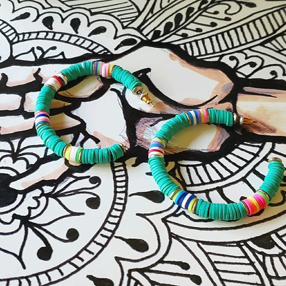 Bohemian Turquoise Hoop Earrings Disk Colors - Picture 2 of 4